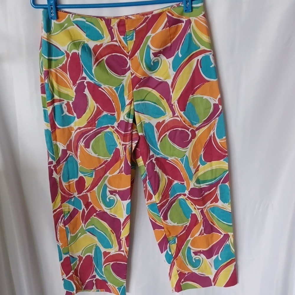 Field Gear Red, Orange, Yellow, Aqua, Green print Capris, side zip, stretchy